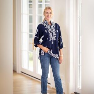 Sue Sartor L Chic Navy Blue Tunic with White Embroidery-Mughal Bangalore